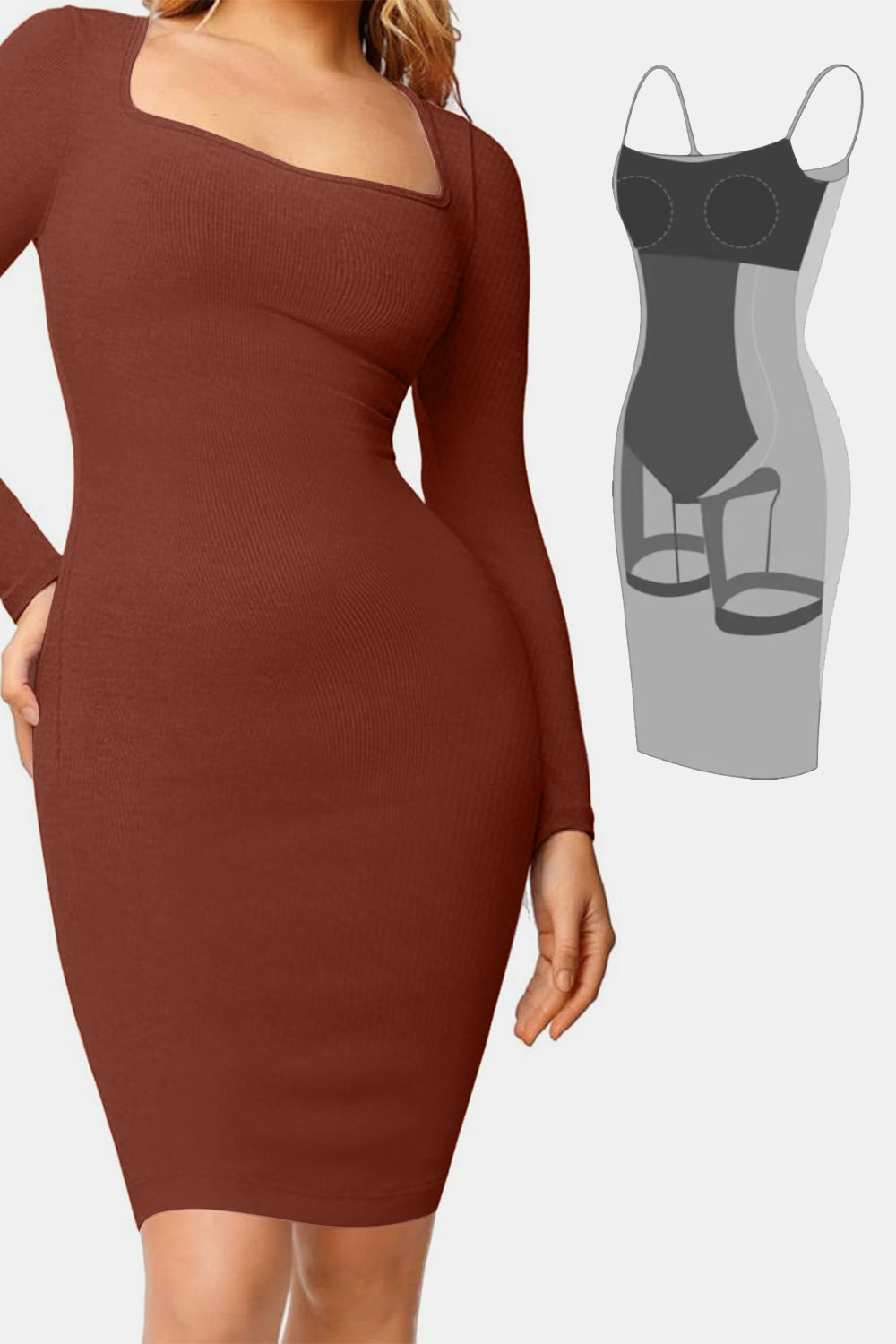 Basic Bae Full Size Built-In Shapewear Square Neck Long Sleeve Dress Trendsi