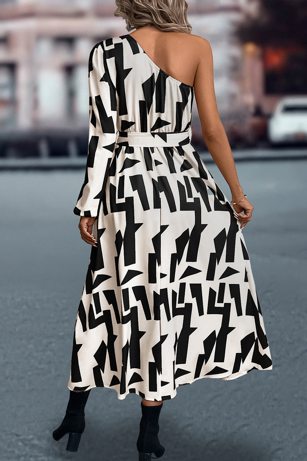 Printed One-Shoulder Tie Waist Dress Trendsi