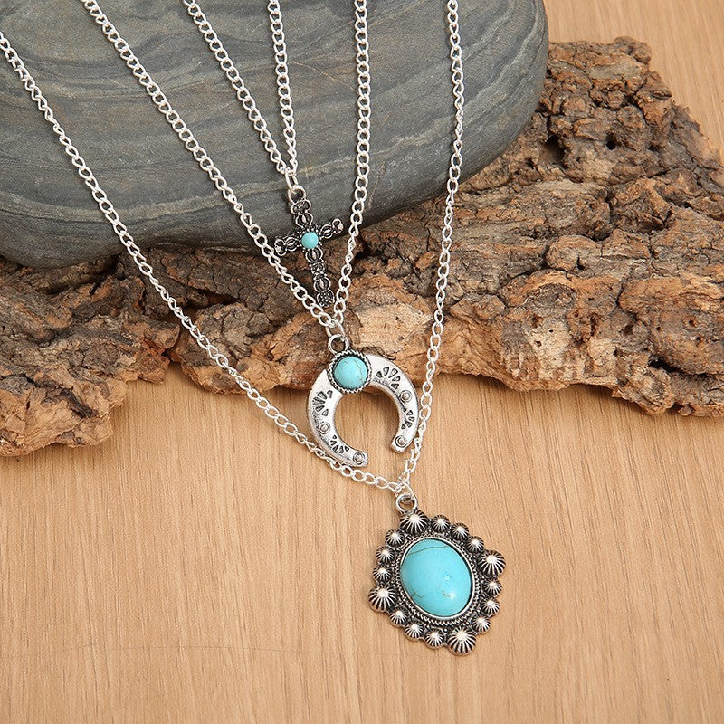 Artificial Turquoise Alloy Three-Layered Necklace Trendsi