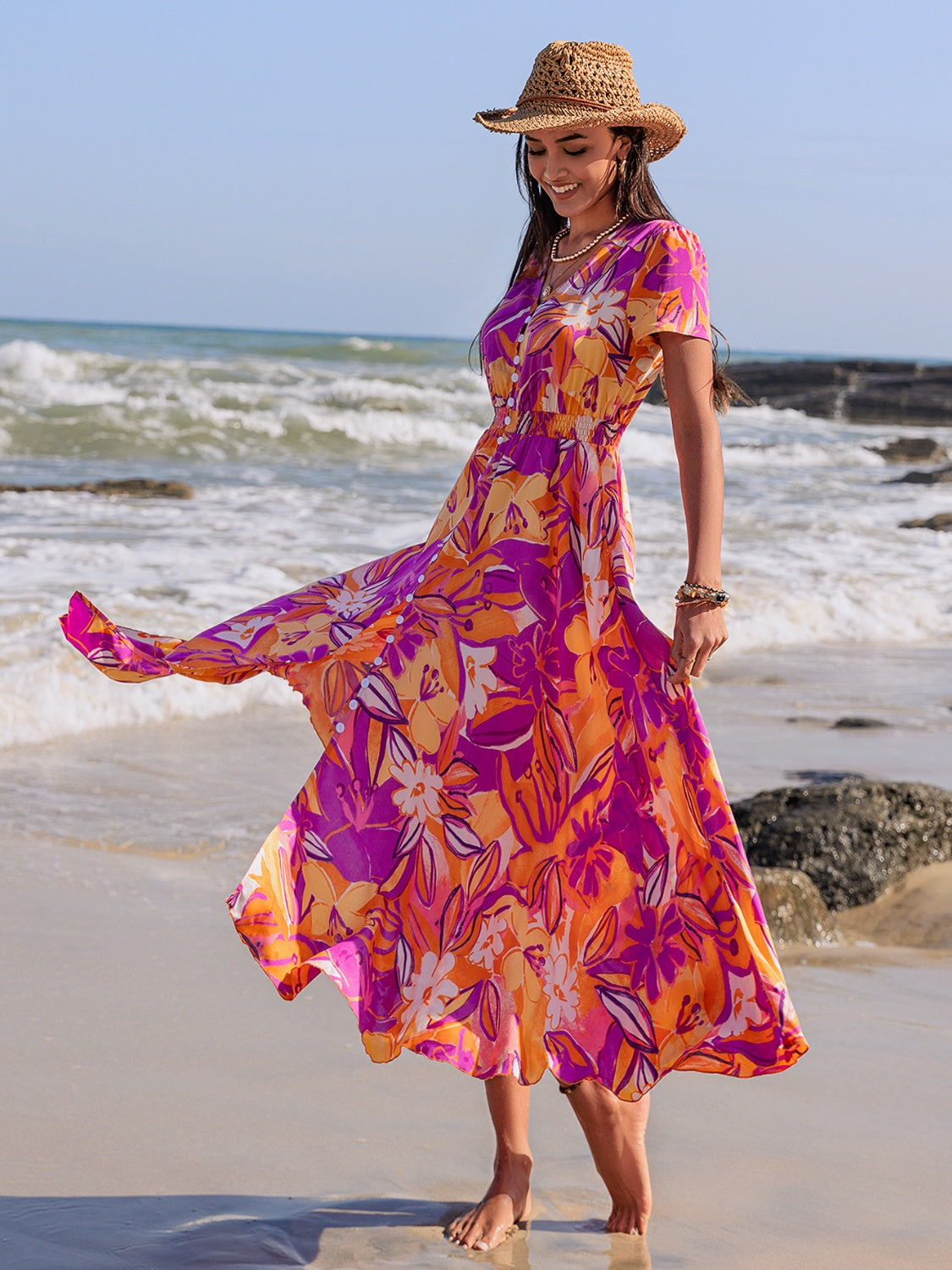 Printed V-Neck Short Sleeve Midi Dress Trendsi