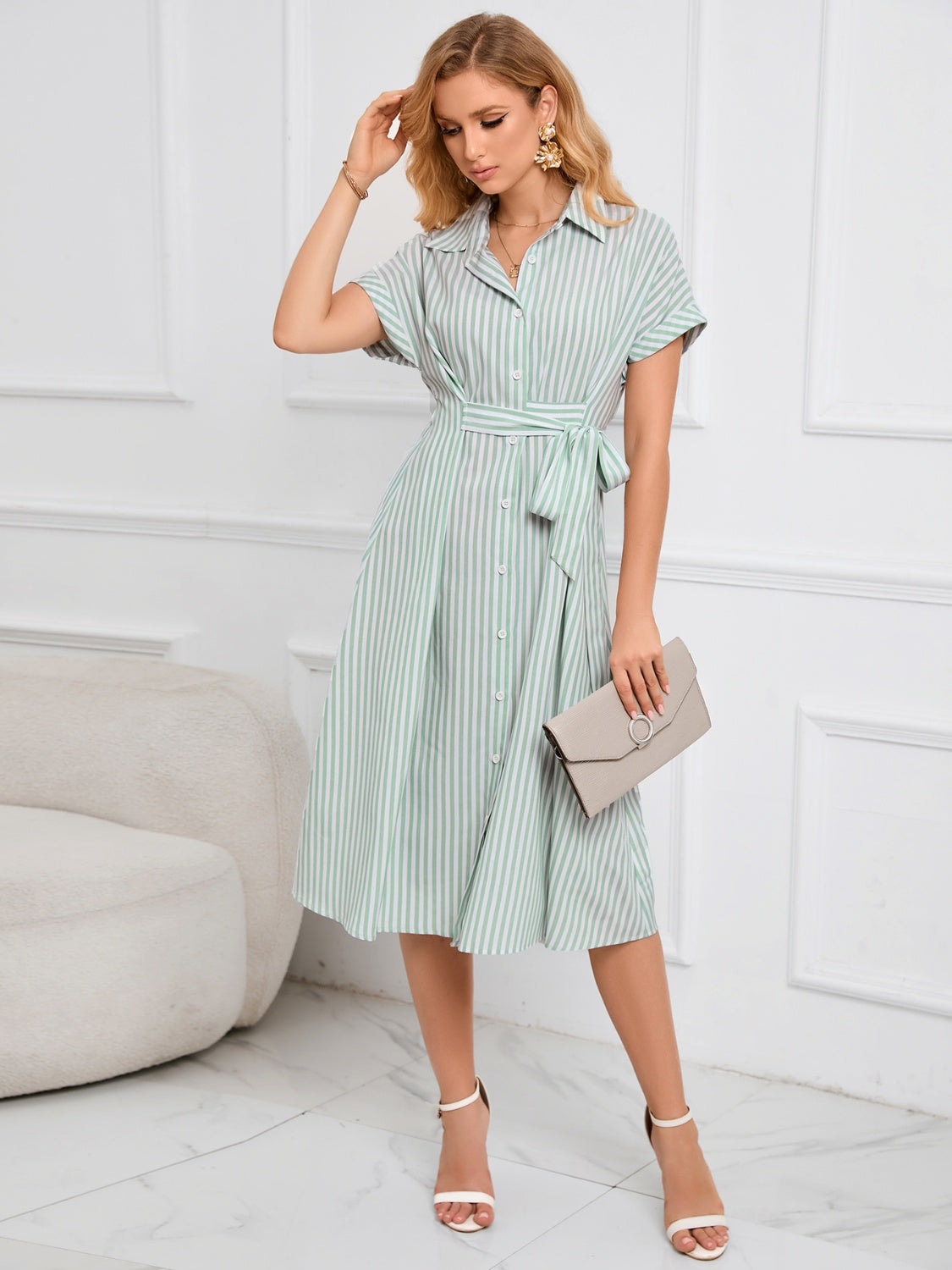 Striped Short Sleeve Tie Waist Midi Dress Trendsi