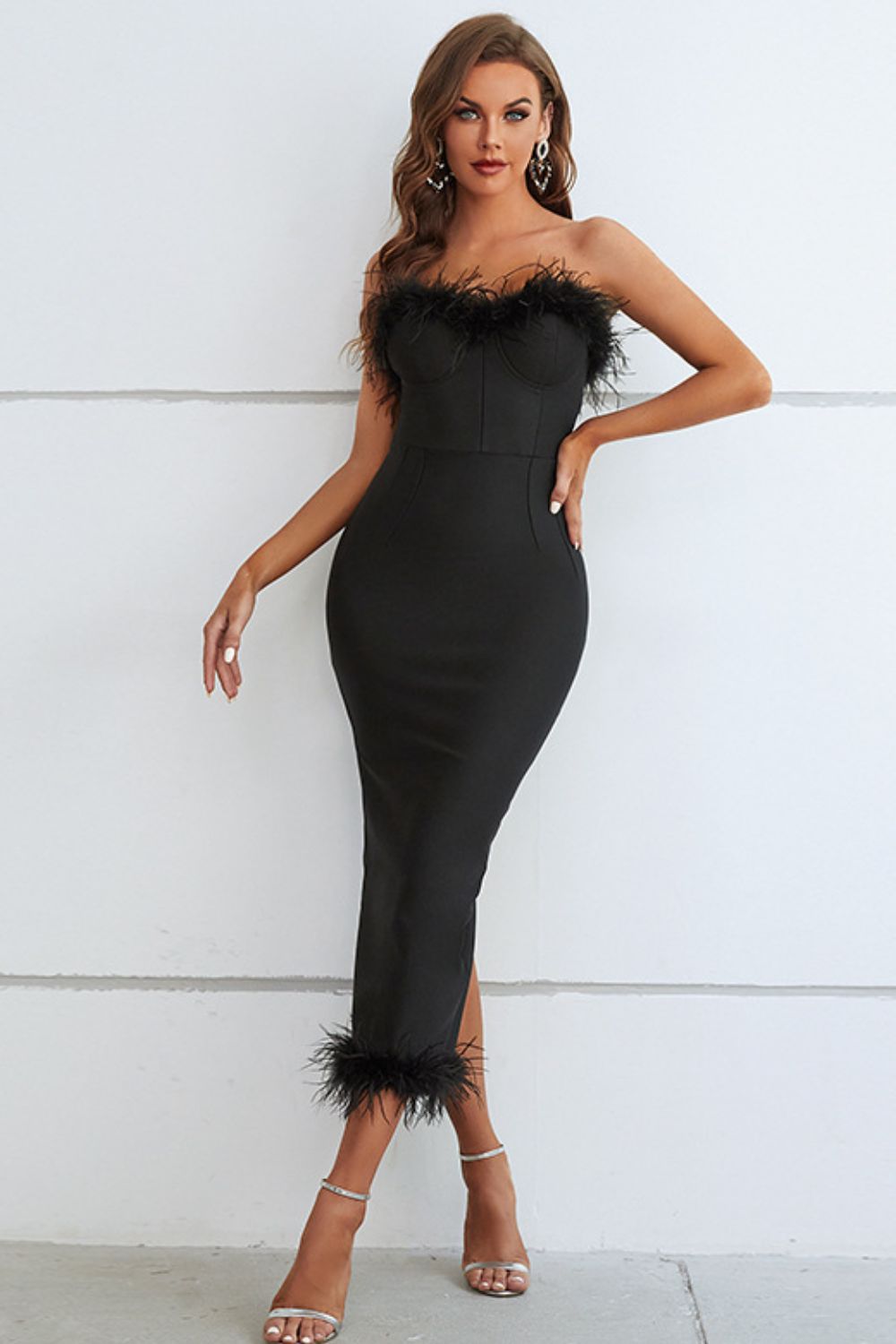 Feather Trim Strapless Sweetheart Neck Dress Trendsi