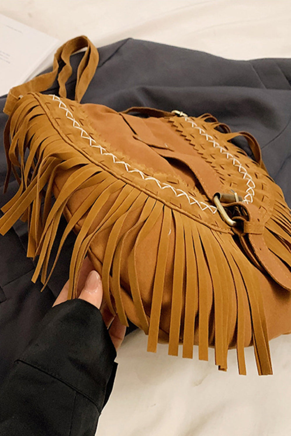 Suede Fringe Wide Strap Shoulder Bag Trendsi