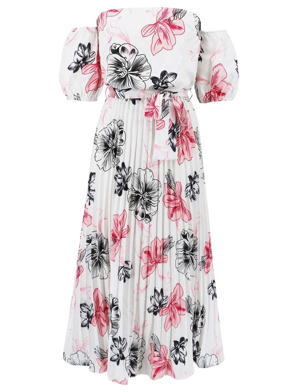 Pleated Floral Off-Shoulder Short Sleeve Midi Dress Trendsi