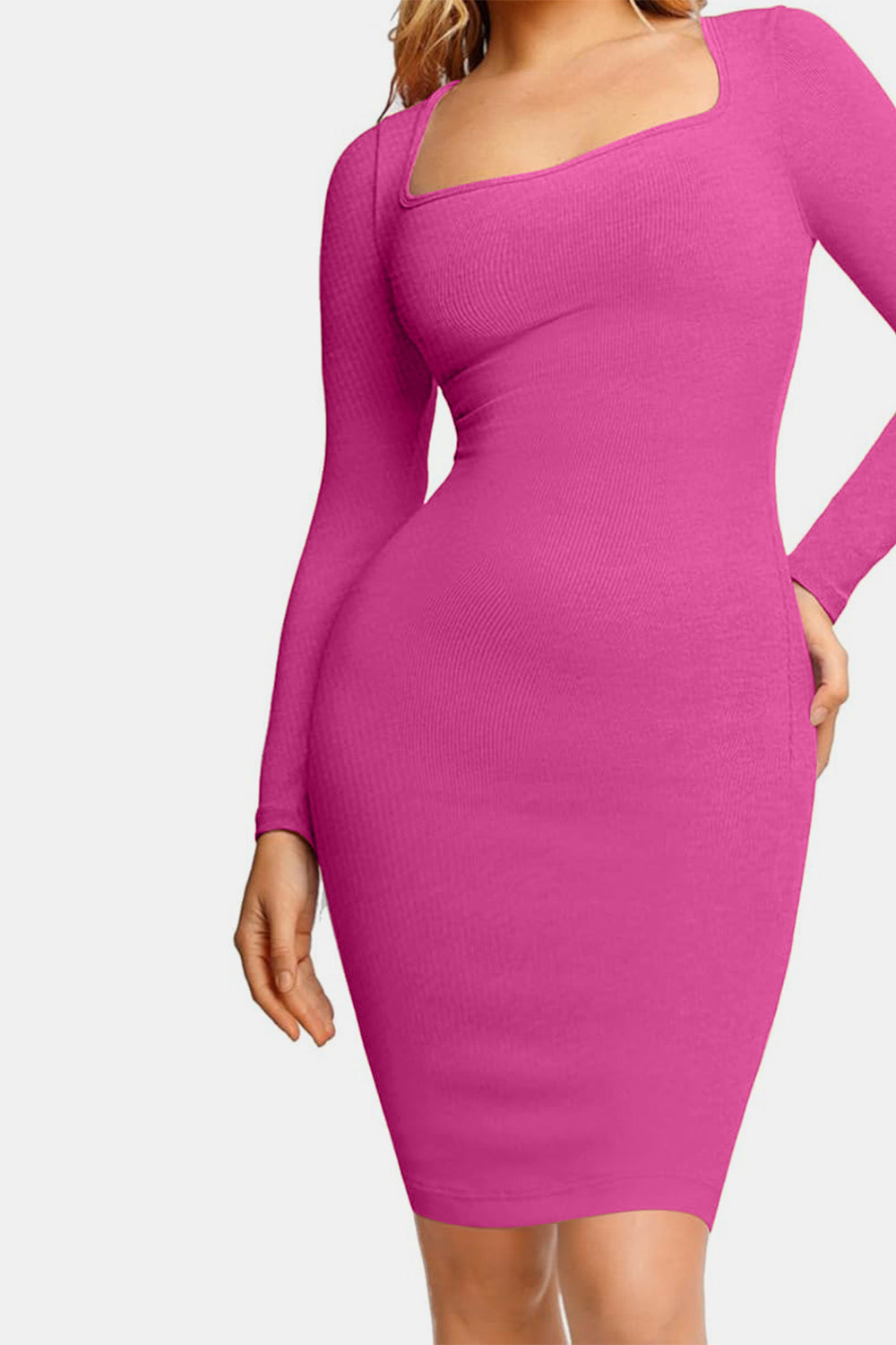 Basic Bae Full Size Built-In Shapewear Square Neck Long Sleeve Dress Trendsi