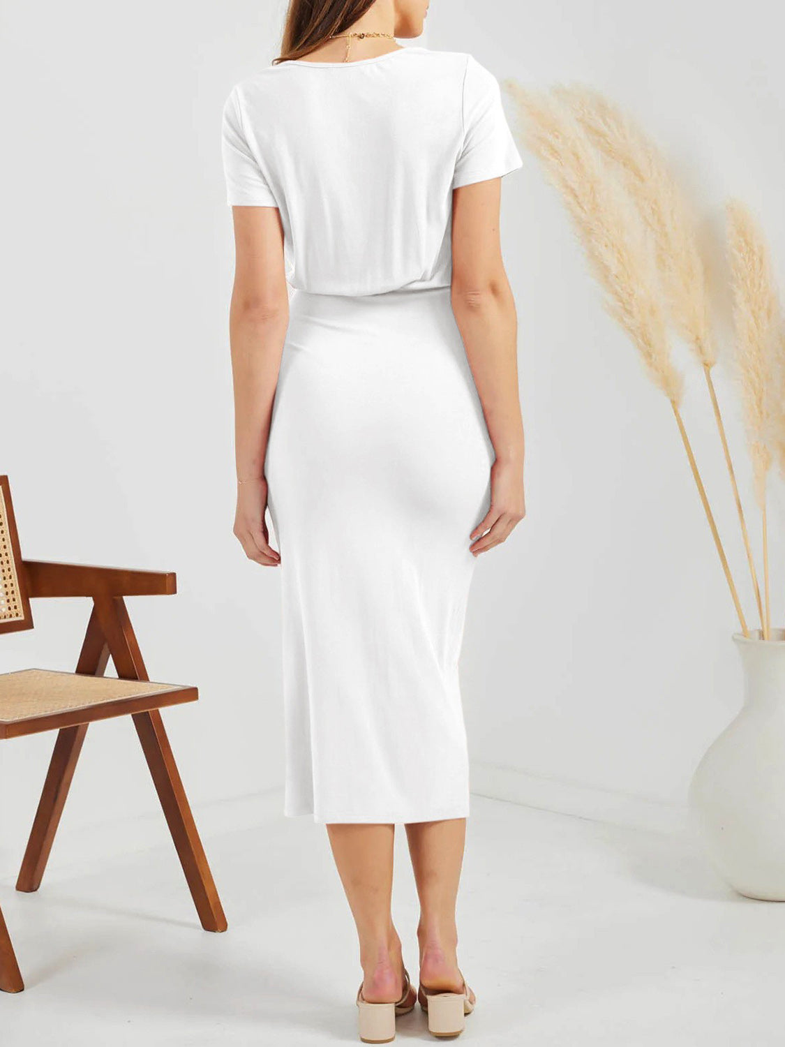 Ruched Slit V-Neck Short Sleeve Dress Trendsi