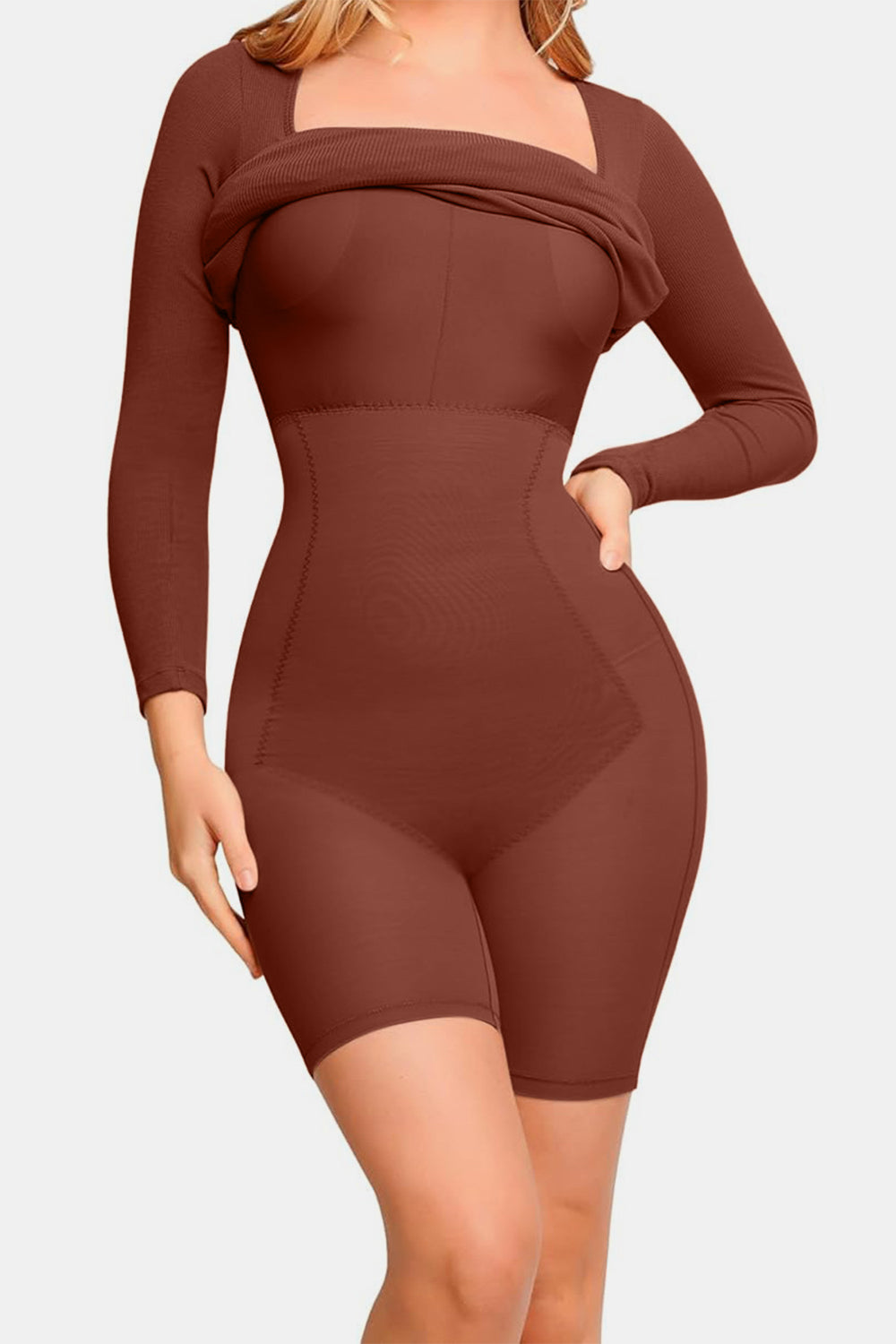 Basic Bae Full Size Built-In Shapewear Square Neck Long Sleeve Dress Trendsi