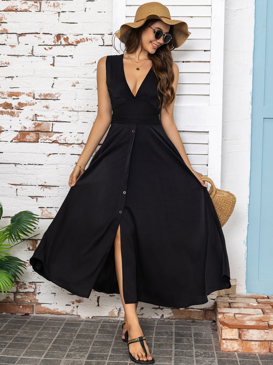 Full Size Slit V-Neck Sleeveless Midi Dress Trendsi