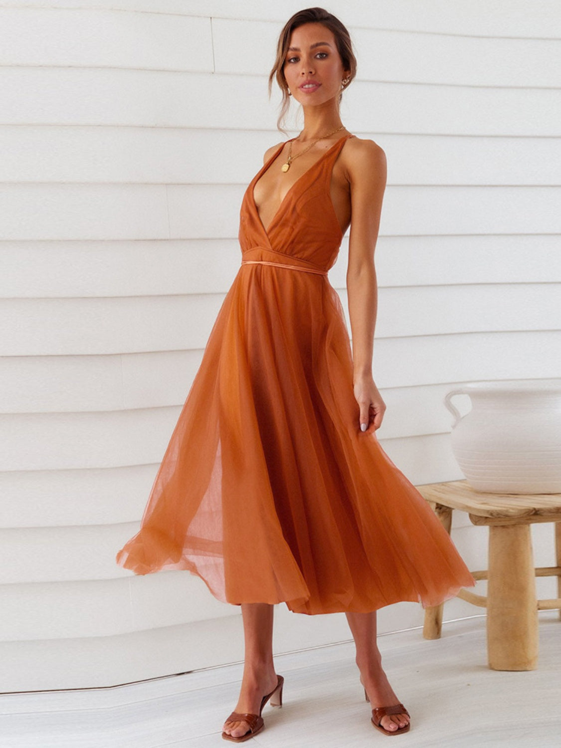 Backless crisscross sleeveless midi dress_Terracotta_Freda Fashion_2