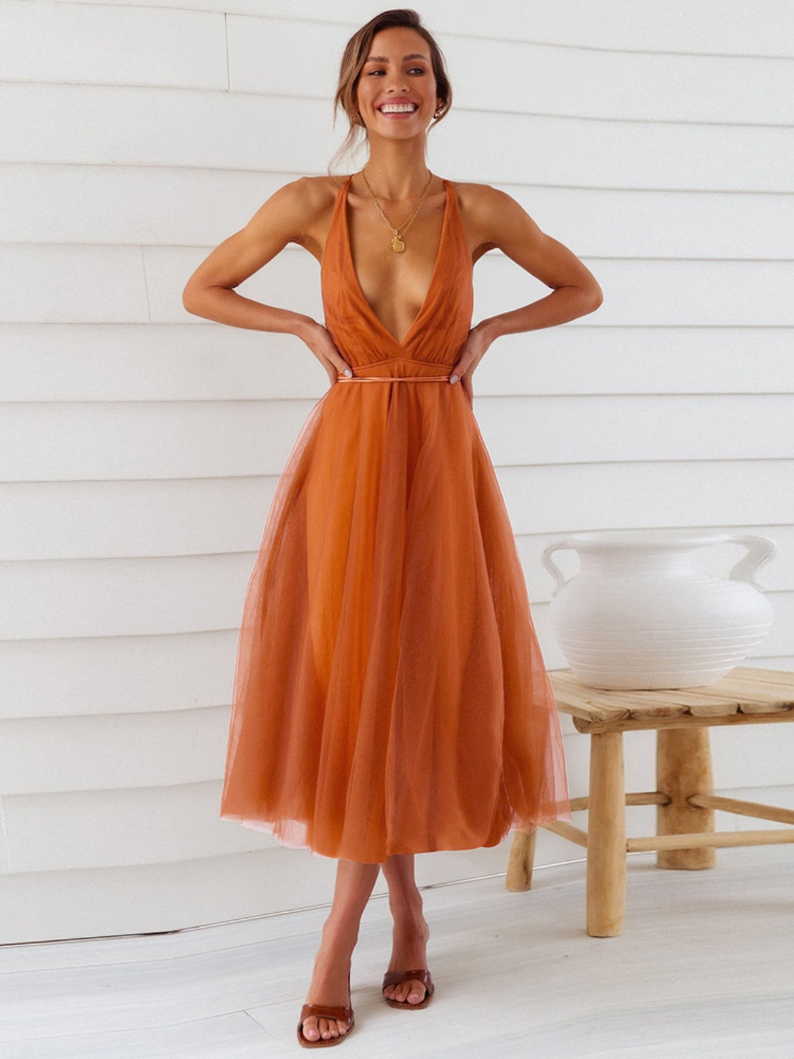 Backless crisscross sleeveless midi dress_Terracotta_Freda Fashion_3