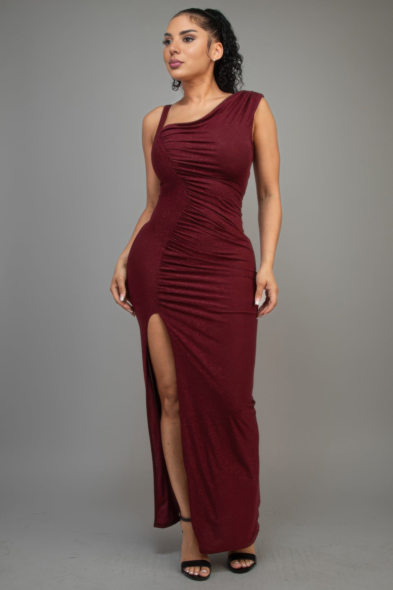 Glitter Slitted Dress | Burgundy One-Shoulder Evening Gown