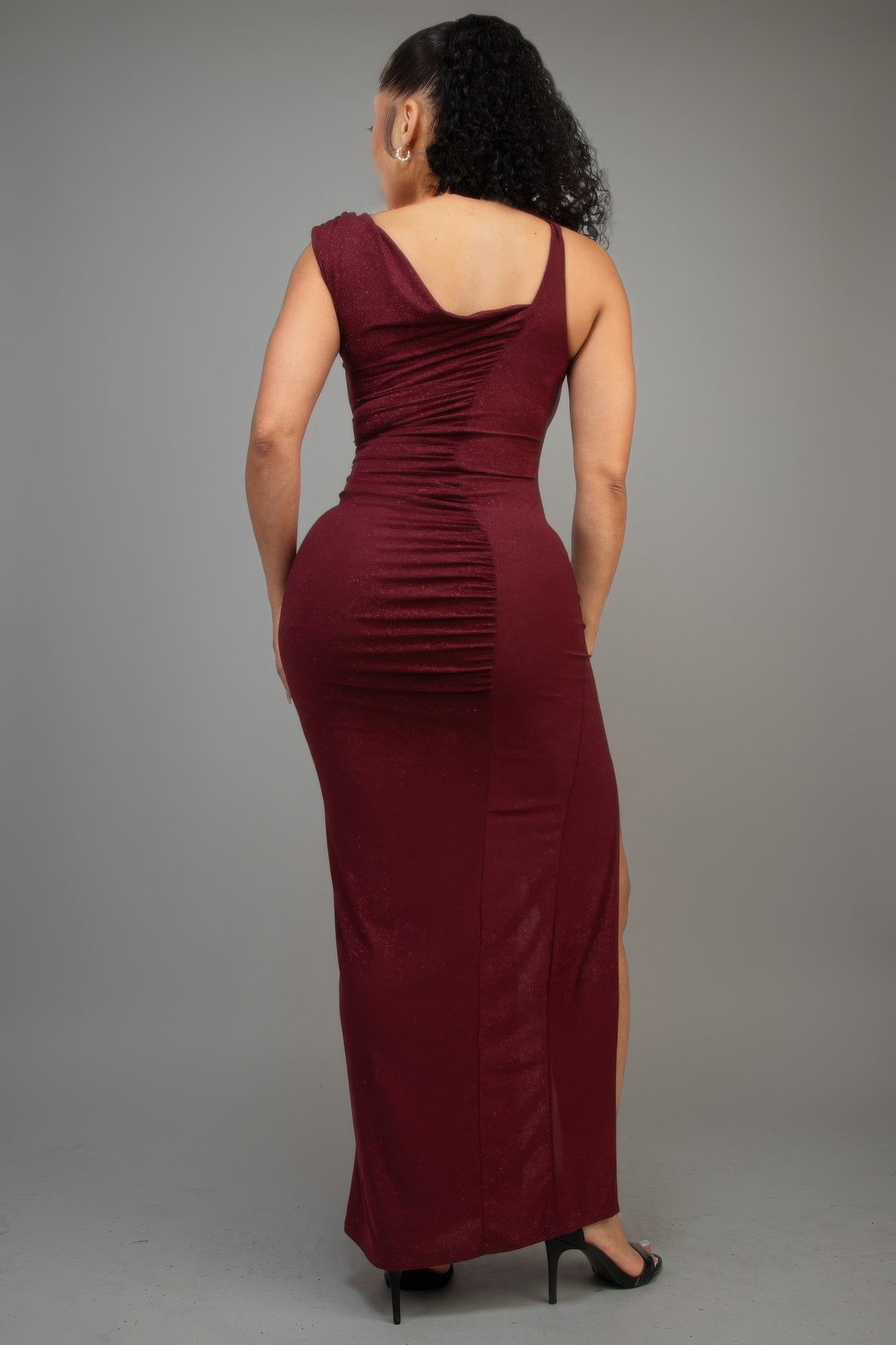 Glitter Slitted Dress | Burgundy One-Shoulder Evening Gown