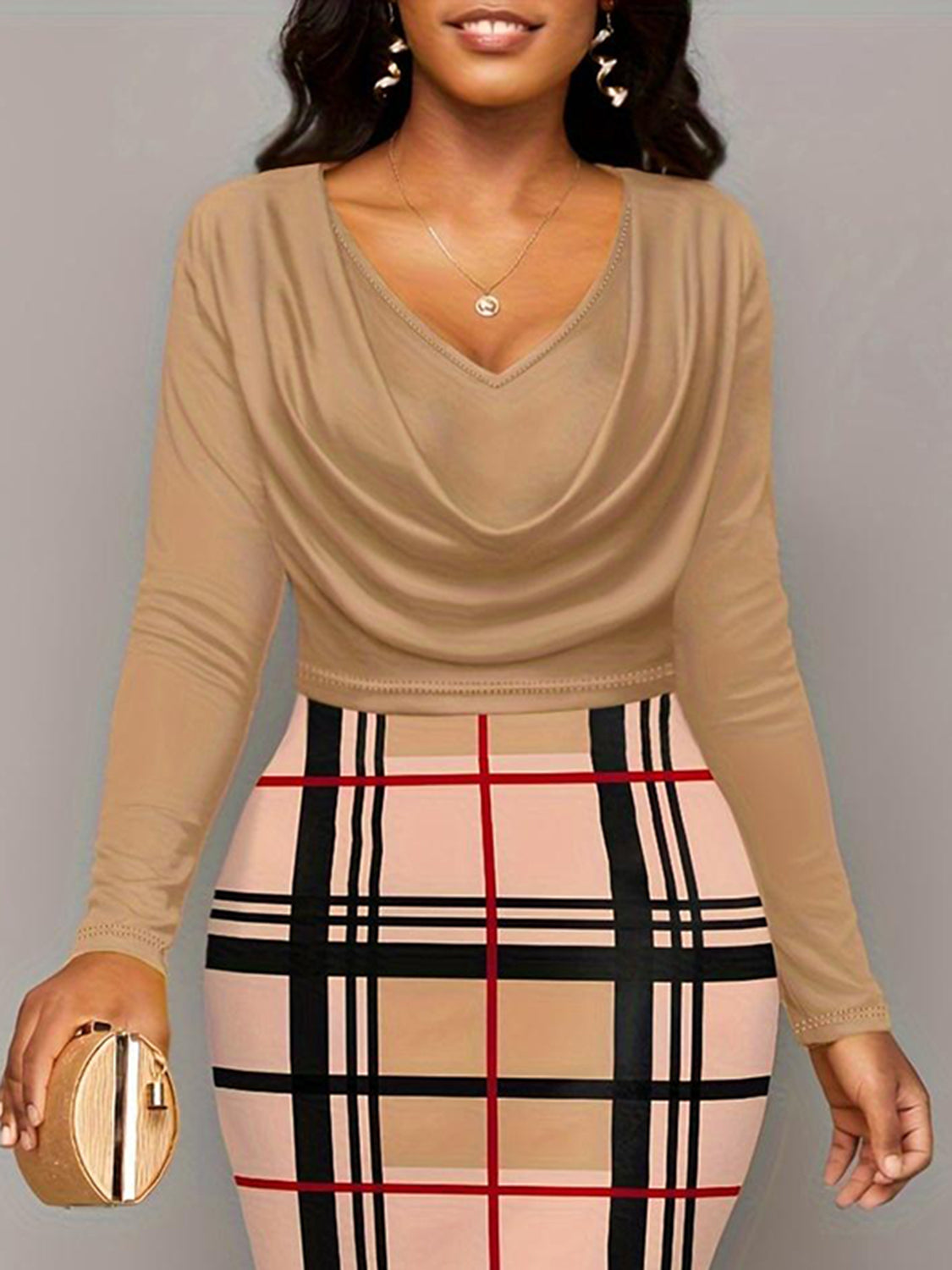 Plus Size Plaid Long Sleeve Mini Dress Trendsi