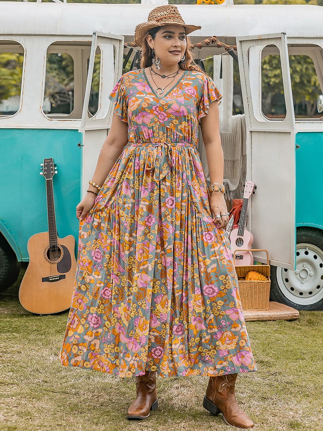 Plus Size Ruffled Printed Cap Sleeve Dress Trendsi