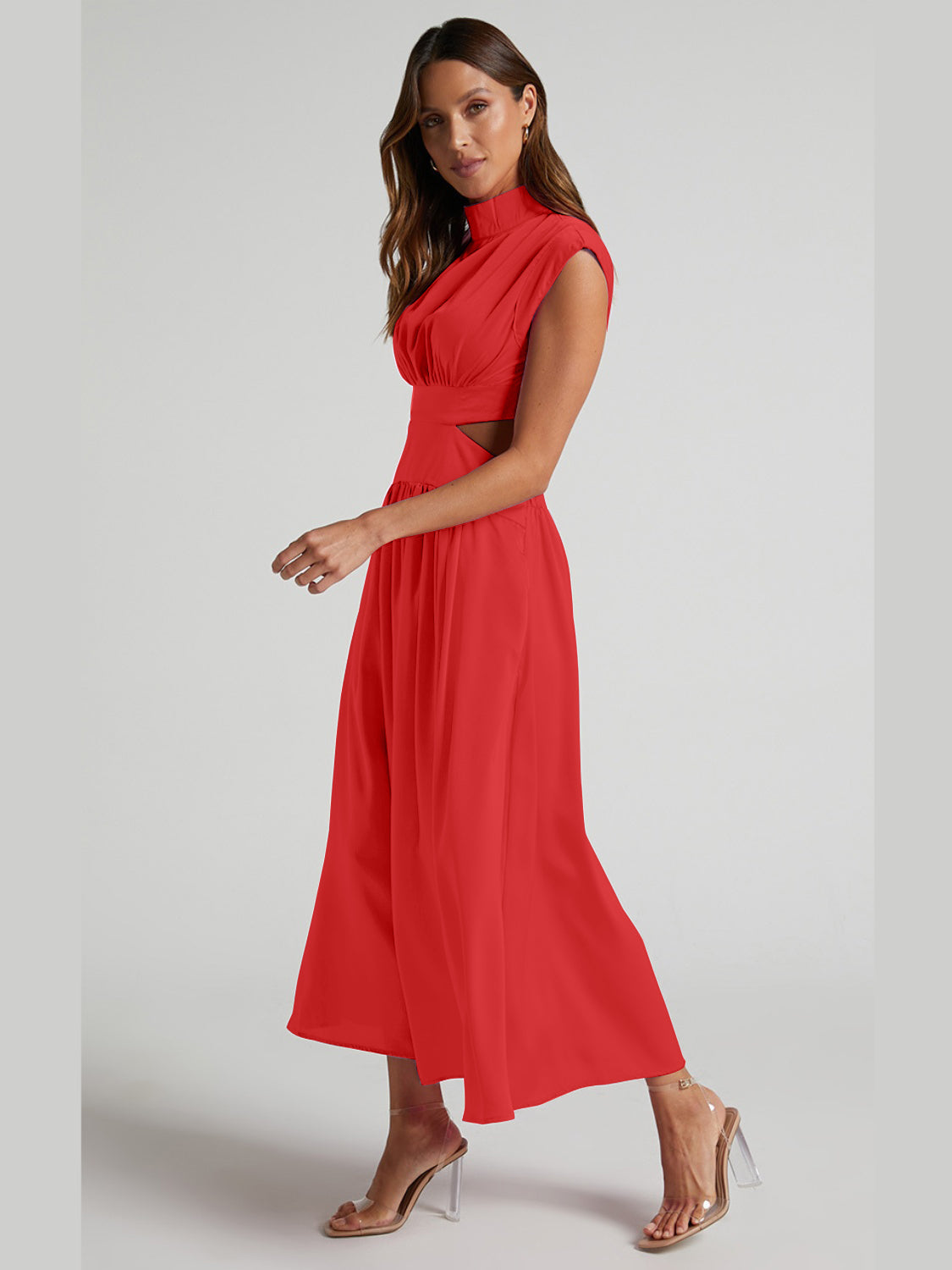 Cutout Mock Neck Sleeveless Ruched Dress Trendsi