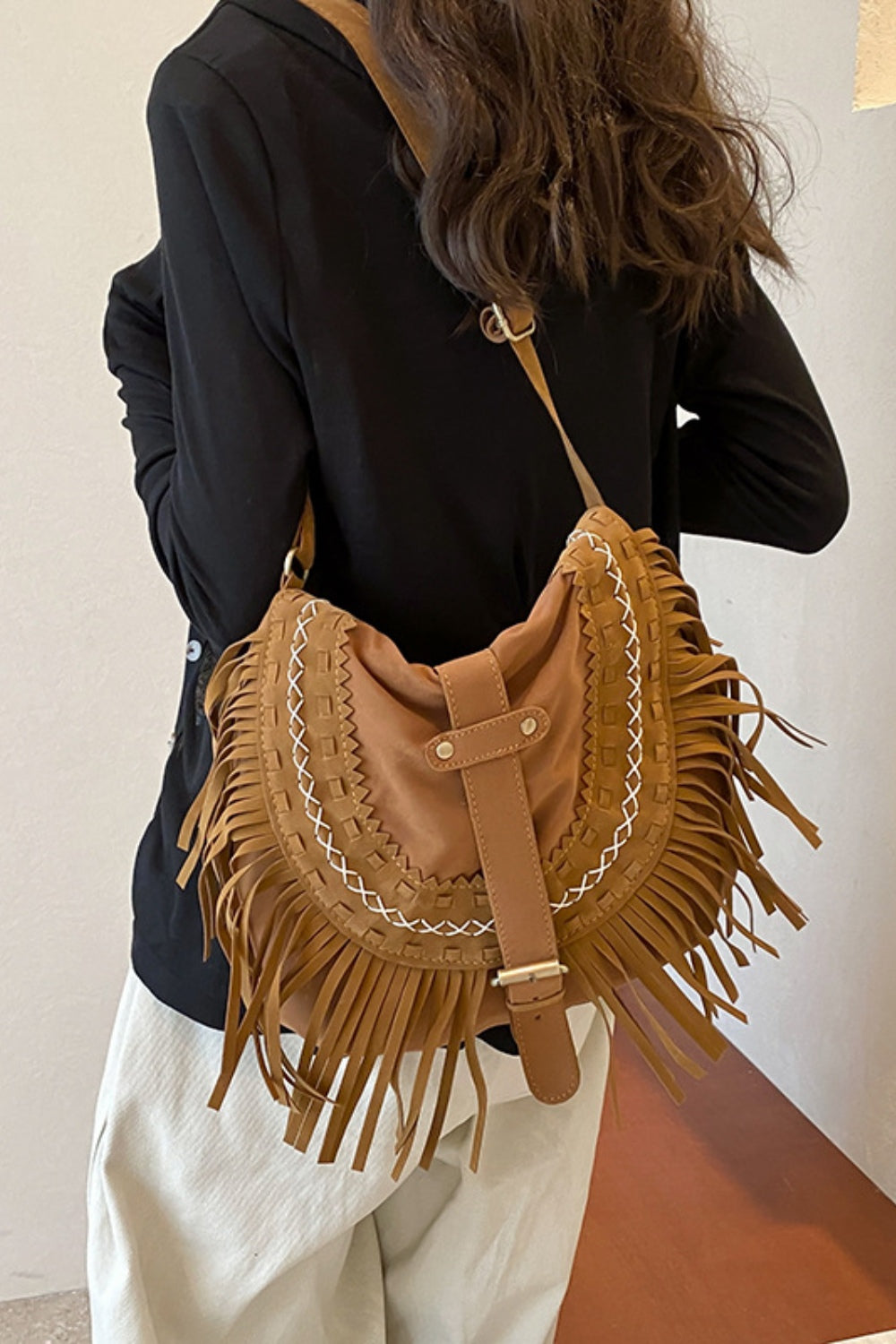 Suede Fringe Wide Strap Shoulder Bag Trendsi