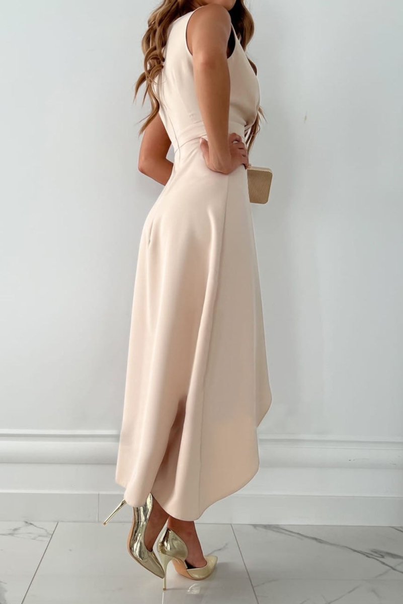 Apricot Surplice V Neck Elegant Slit Midi Dress - Freda Fashion