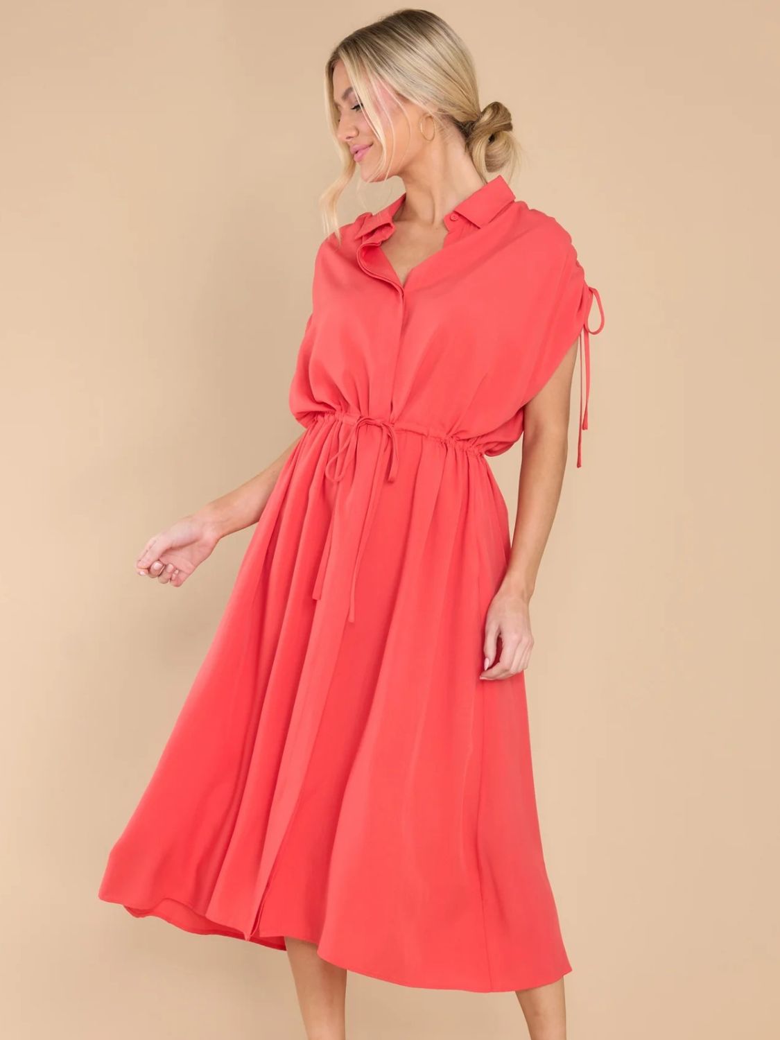 Drawstring Collared Neck Short Sleeve Midi Dress Trendsi