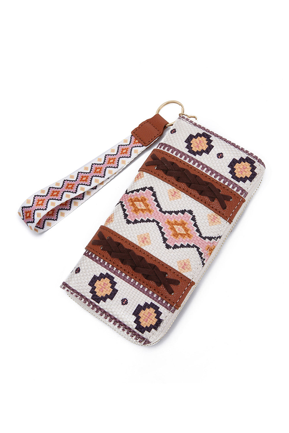 White Geometric Print PU Leather Wristlet Wallet Shewin