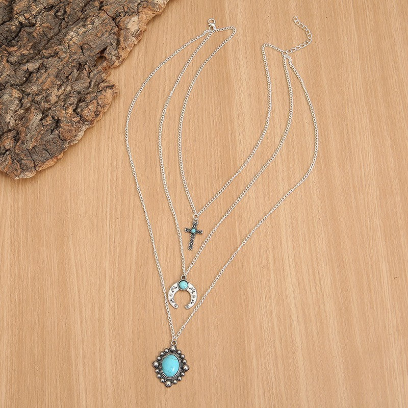 Artificial Turquoise Alloy Three-Layered Necklace Trendsi