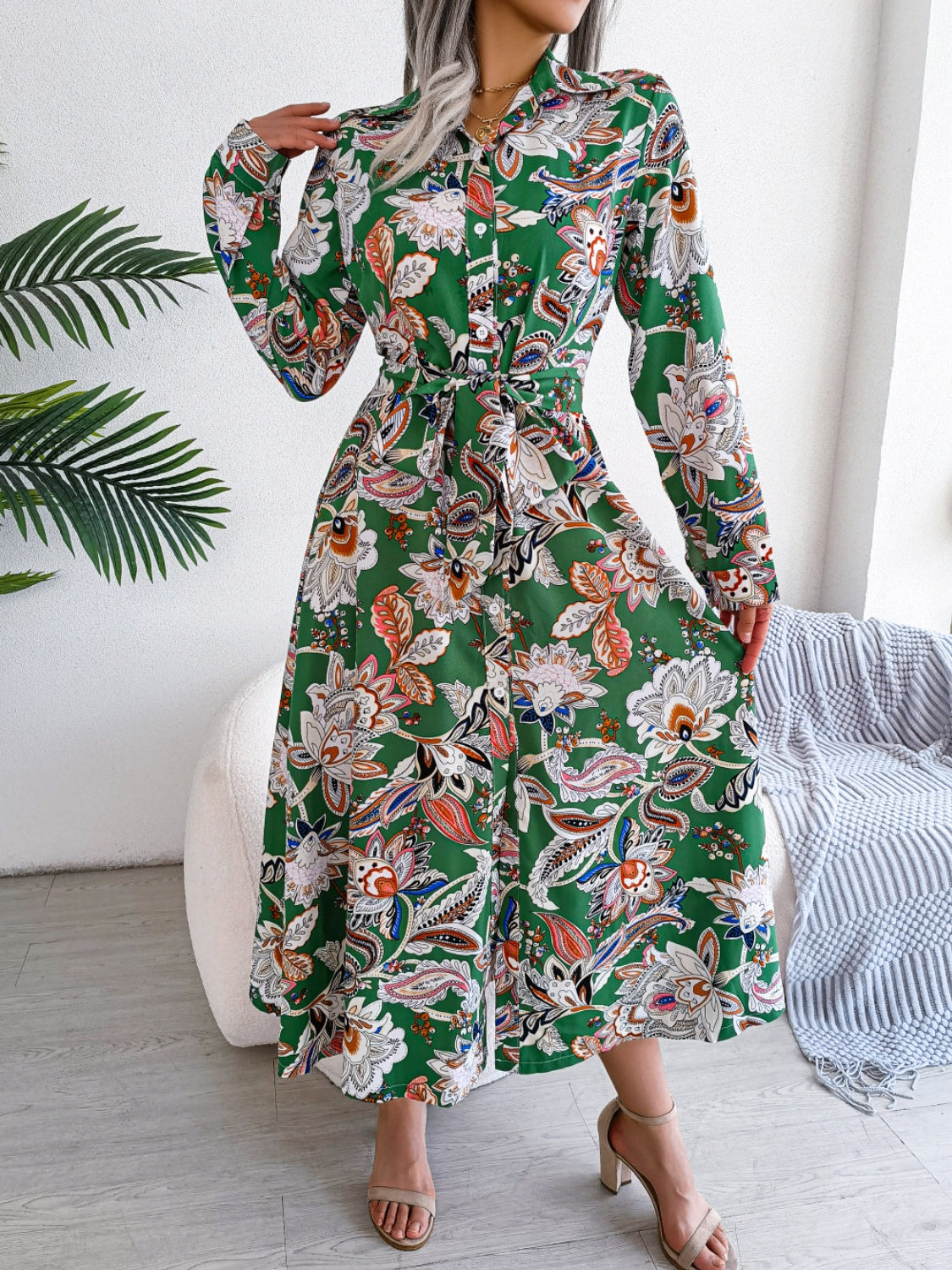 Tied Printed Long Sleeve Midi Dress Trendsi