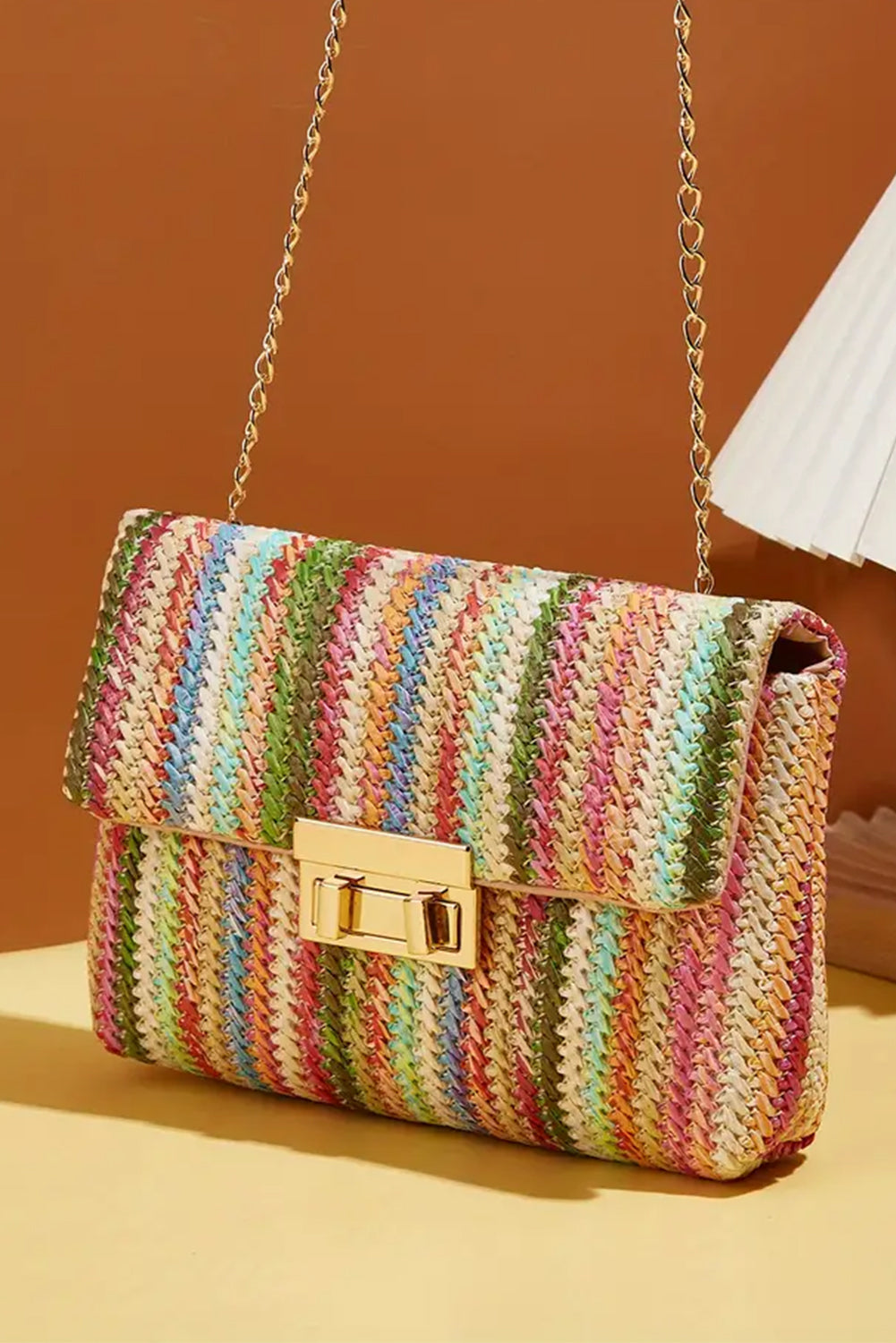 Strawberry Pink Striped Crochet Flapped Single Shoulder Bag Shewin