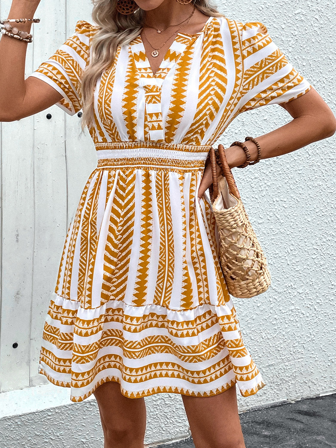 Perfee Geometric Notched Short Sleeve Mini Dress Trendsi