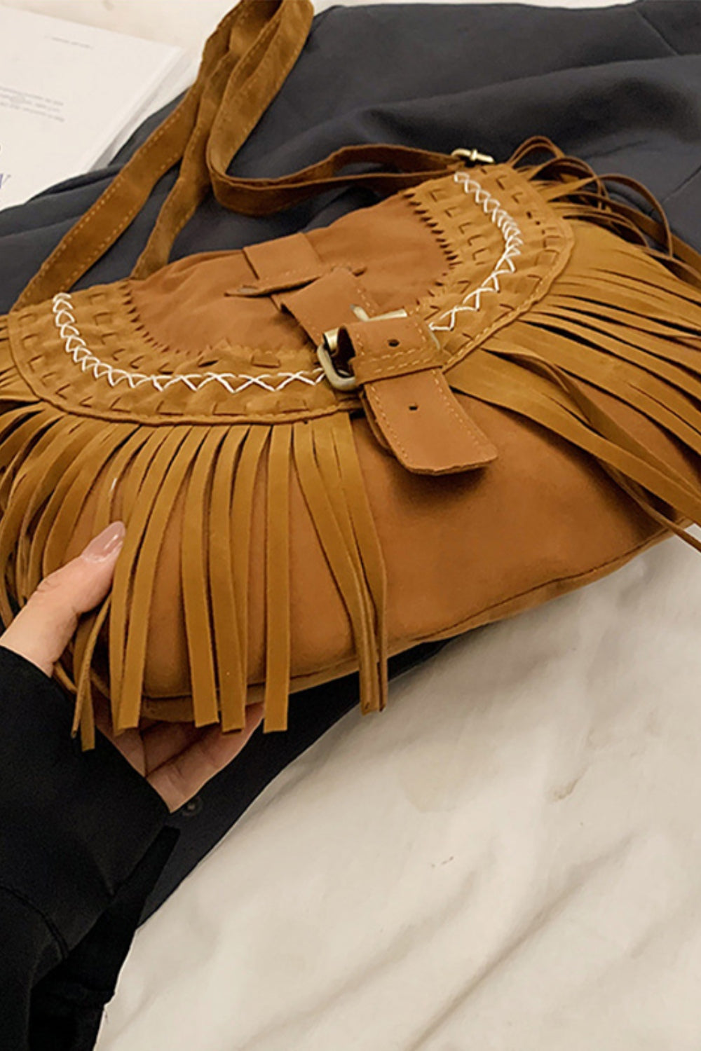 Suede Fringe Wide Strap Shoulder Bag Trendsi