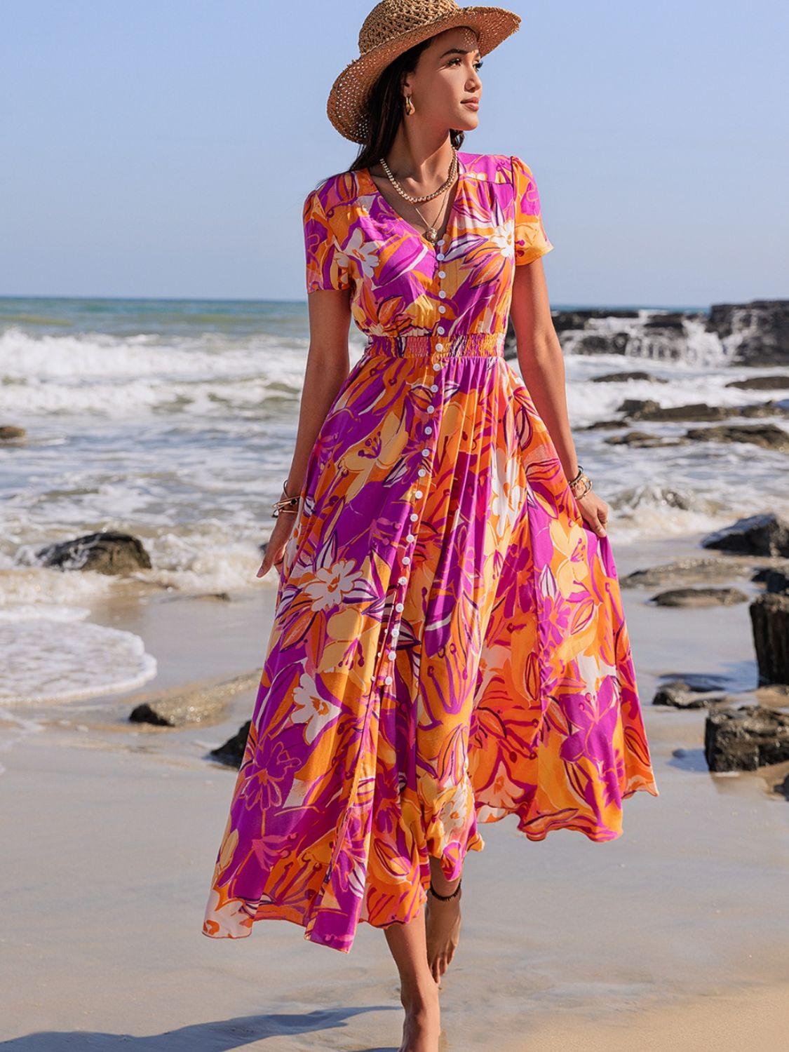 Printed V-Neck Short Sleeve Midi Dress Trendsi