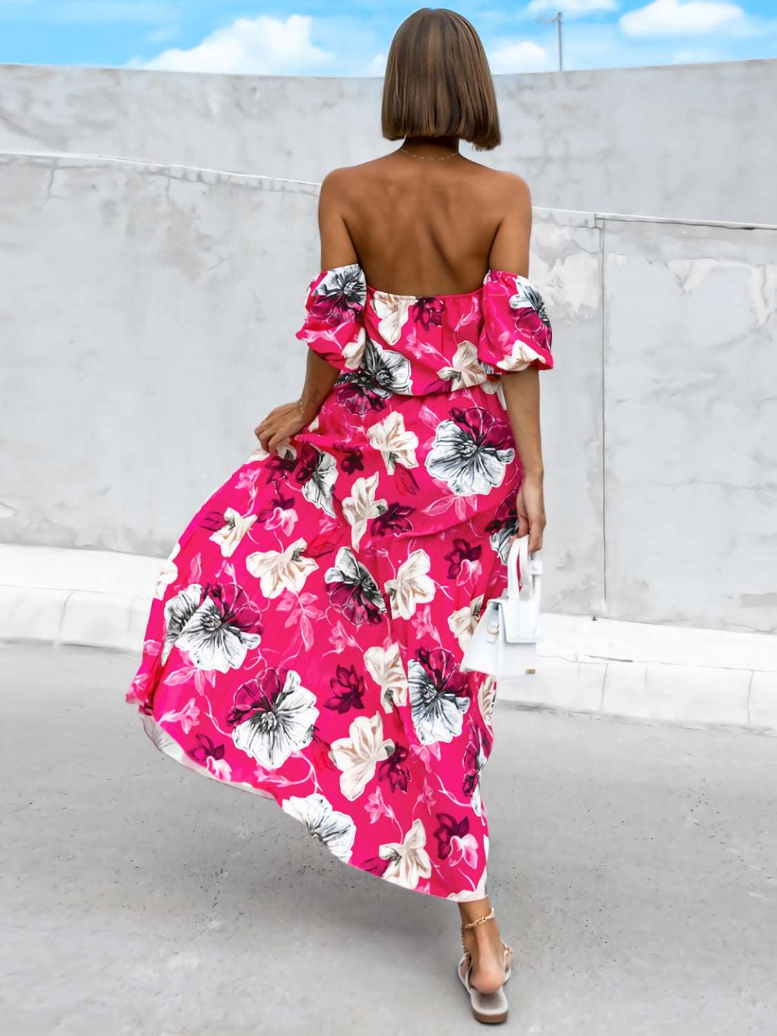 Pleated Floral Off-Shoulder Short Sleeve Midi Dress Trendsi