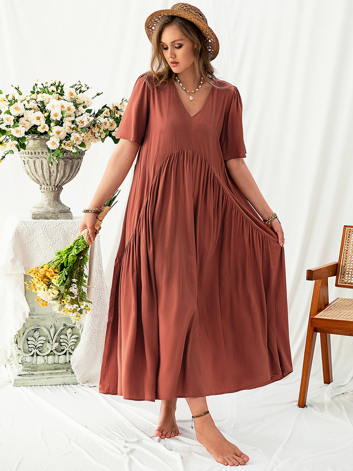 Plus Size V-Neck Flutter Sleeve Midi Dress Trendsi