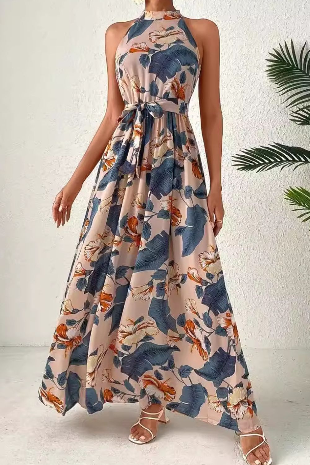 Tied Floral Sleeveless Dress Trendsi