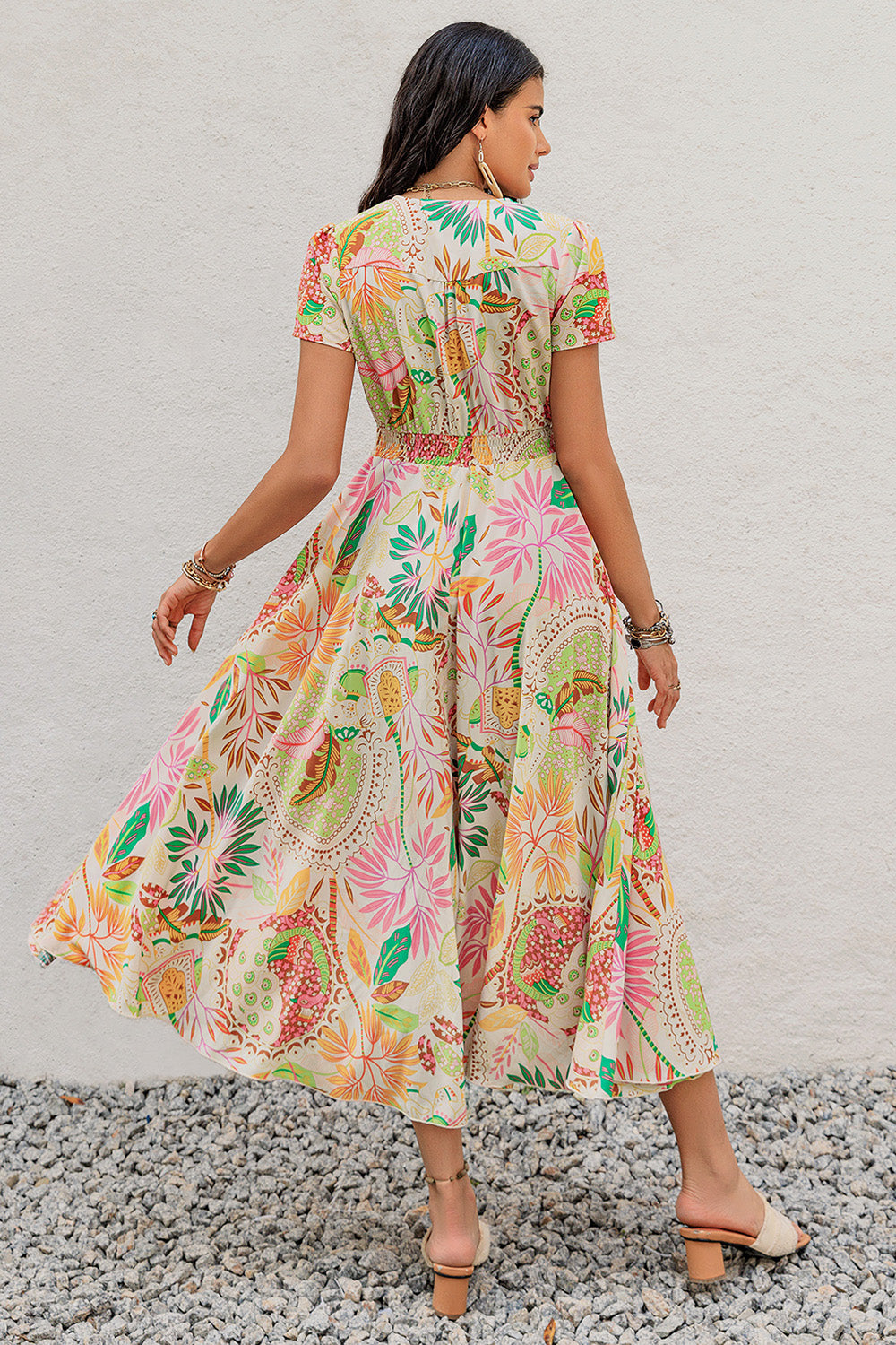 Printed V-Neck Short Sleeve Midi Dress Trendsi