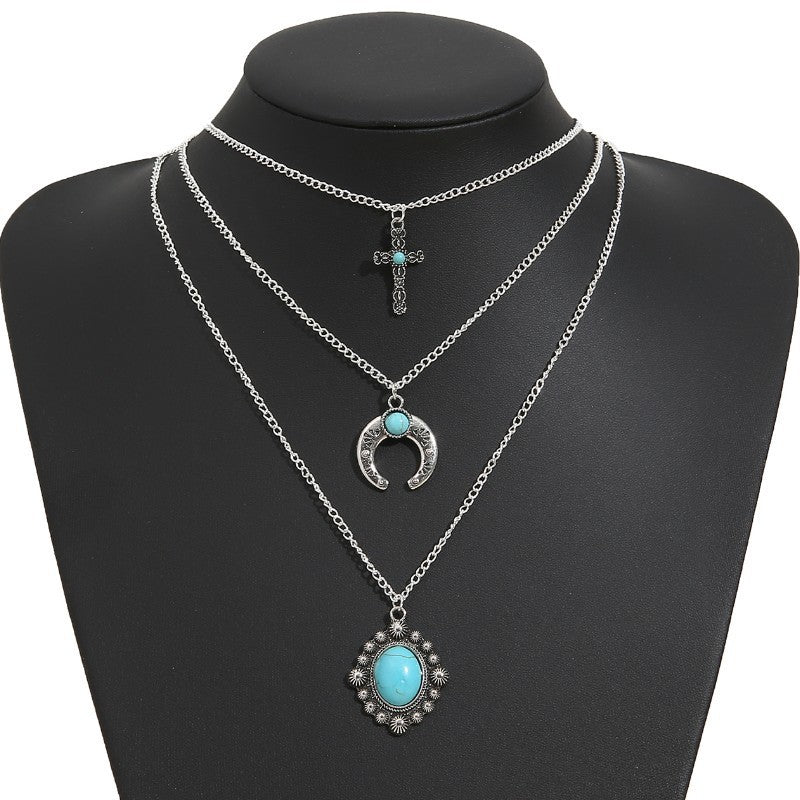 Artificial Turquoise Alloy Three-Layered Necklace Trendsi