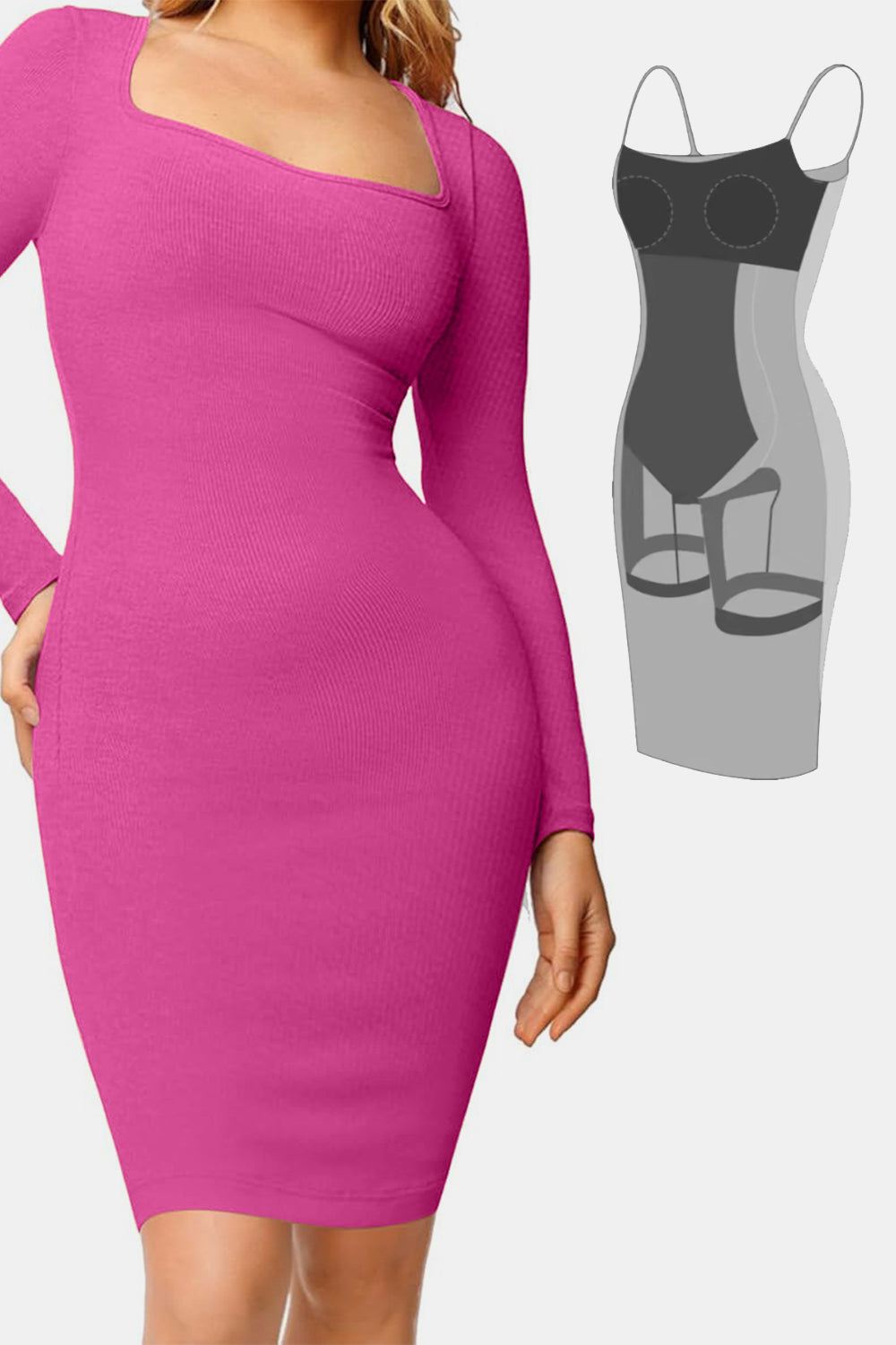 Basic Bae Full Size Built-In Shapewear Square Neck Long Sleeve Dress Trendsi