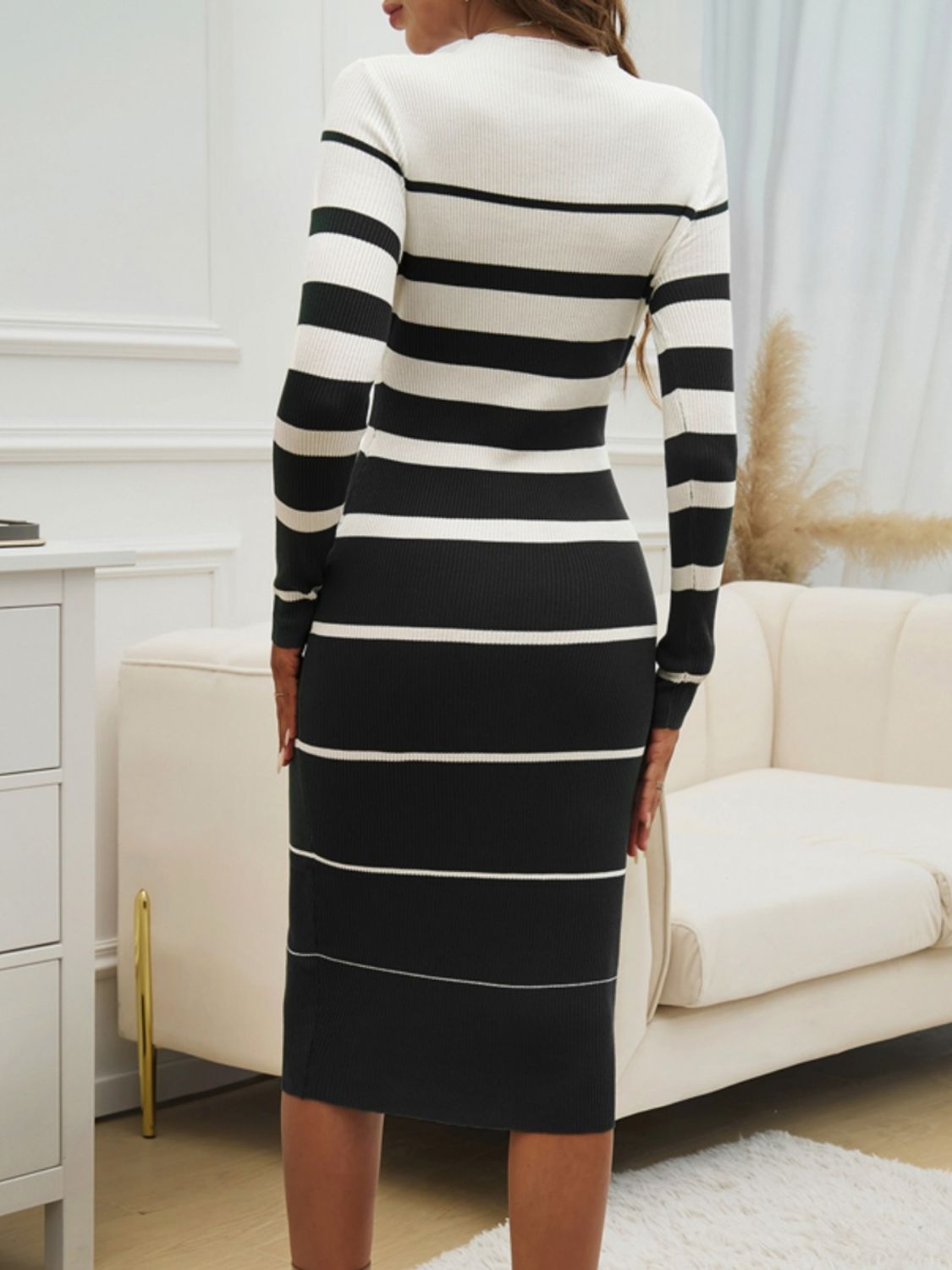 Devine Color Block Round Neck Long Sleeve Midi Dress Trendsi