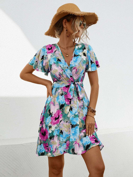 Printed Surplice Tie Waist Mini Dress Trendsi