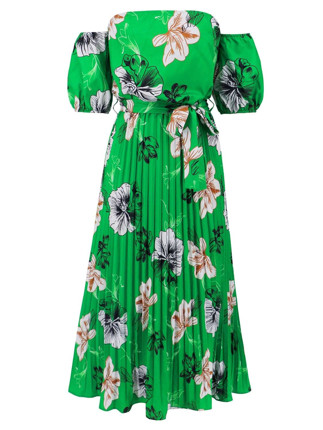 Pleated Floral Off-Shoulder Short Sleeve Midi Dress Trendsi