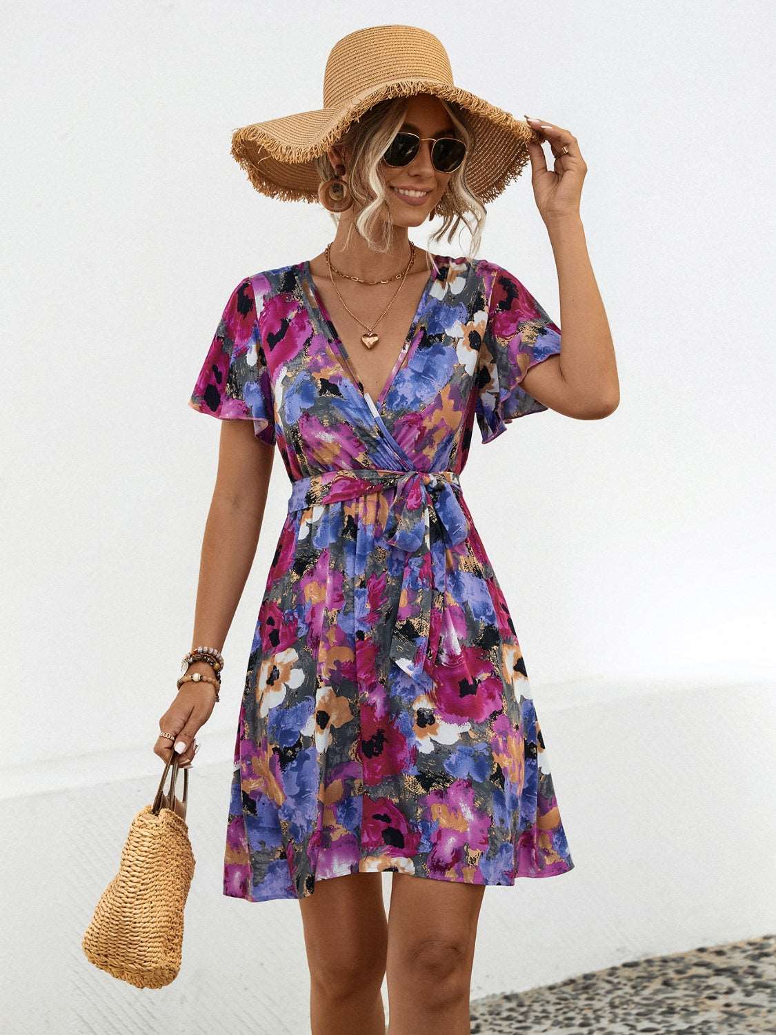 Printed Surplice Tie Waist Mini Dress Trendsi