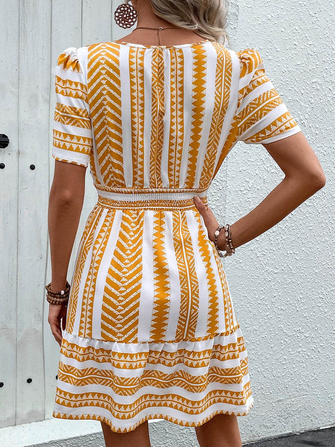 Perfee Geometric Notched Short Sleeve Mini Dress Trendsi