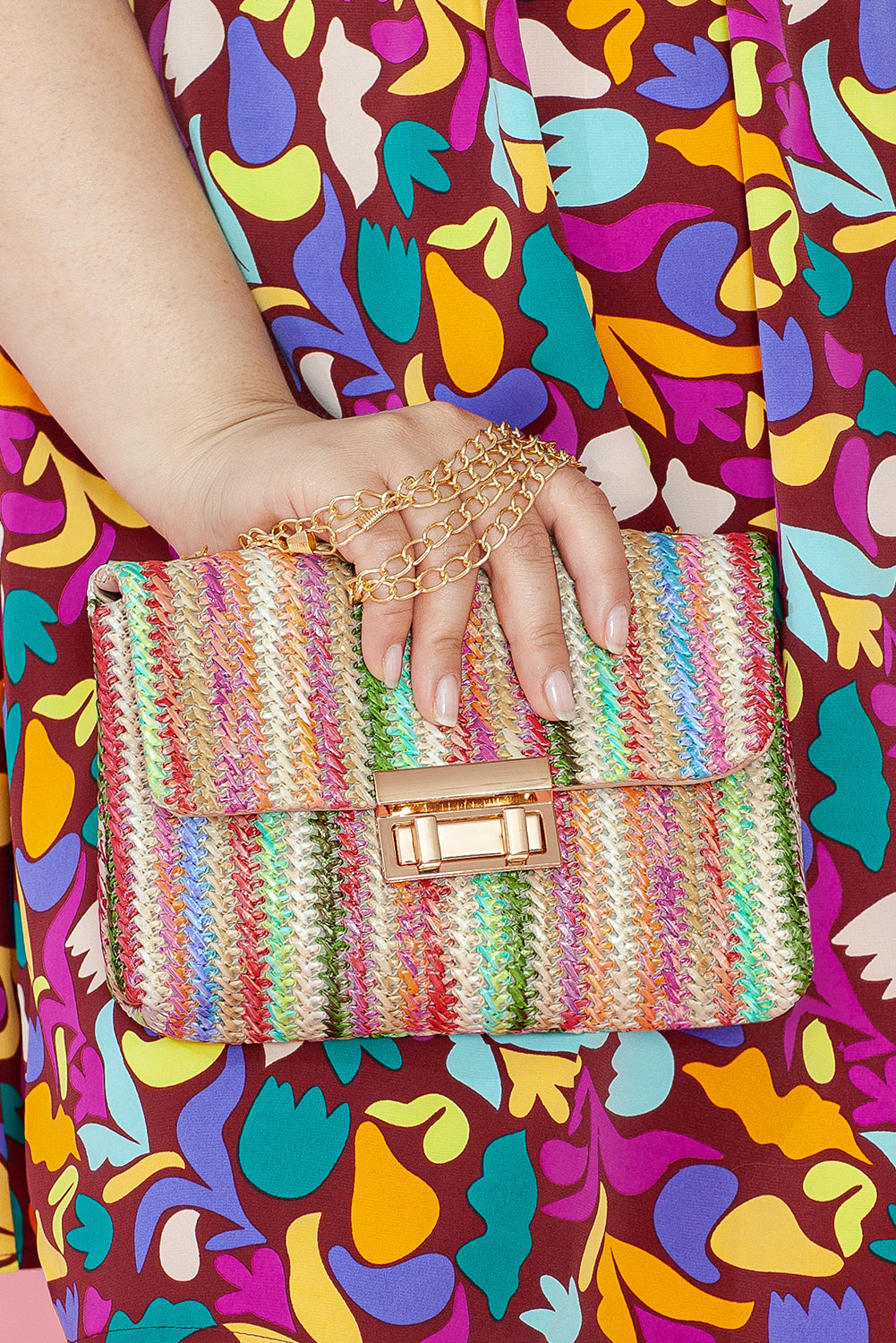 Strawberry Pink Striped Crochet Flapped Single Shoulder Bag Shewin