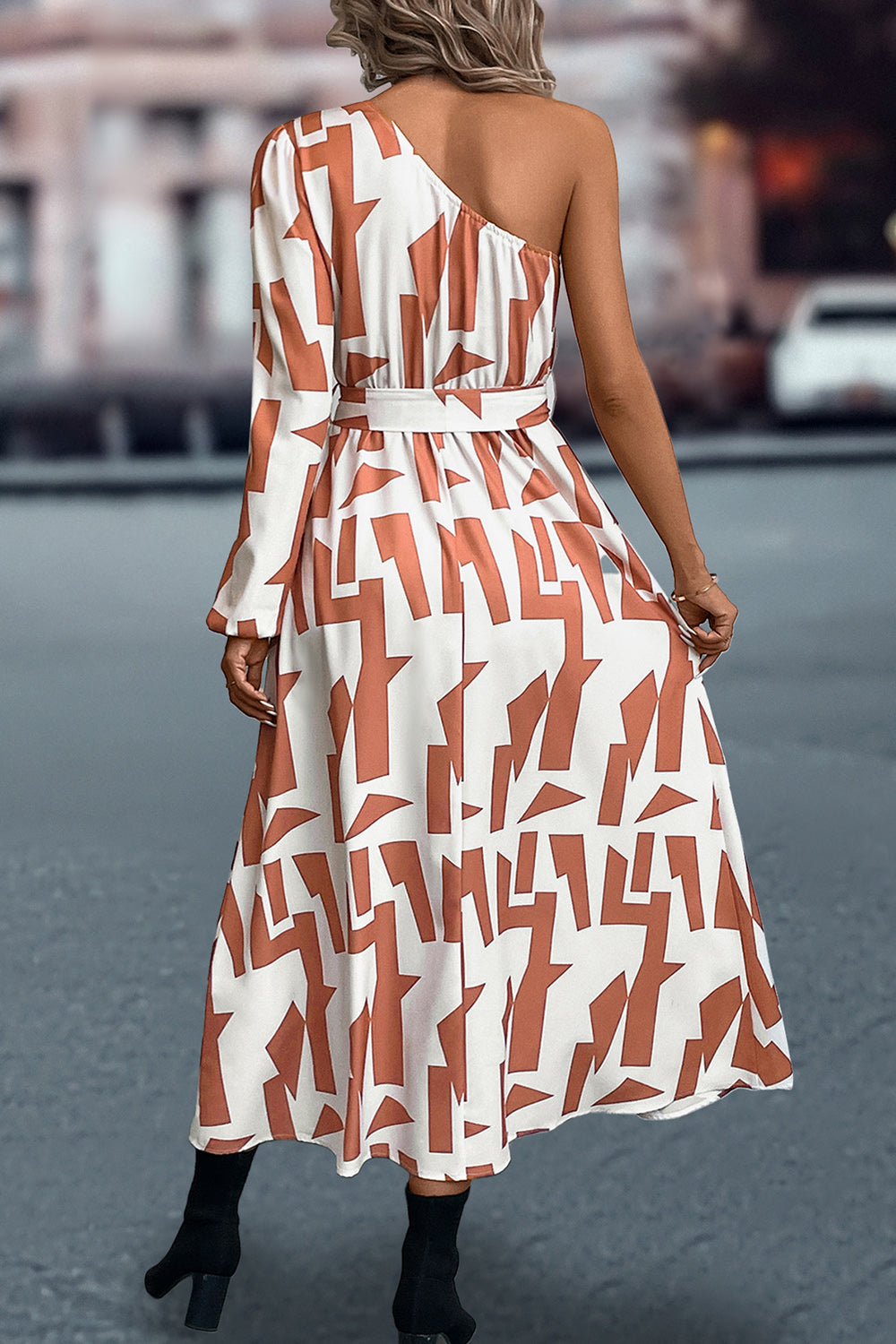 Printed One-Shoulder Tie Waist Dress Trendsi