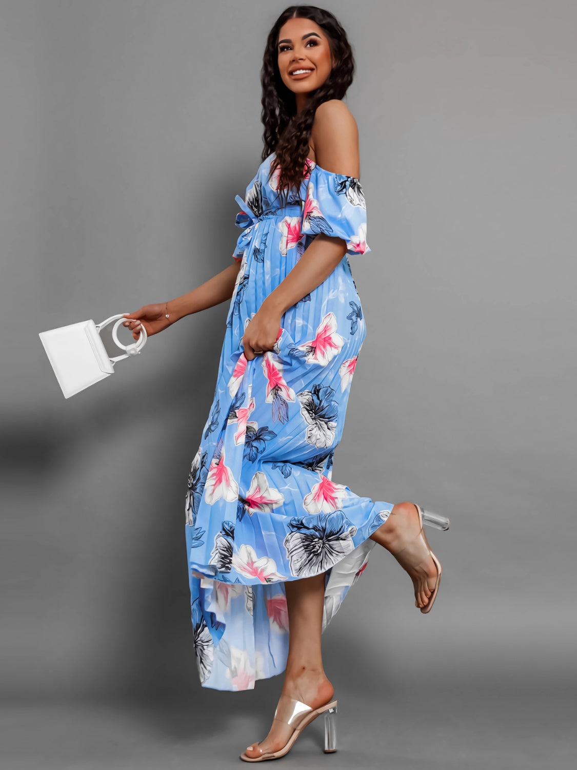 Pleated Floral Off-Shoulder Short Sleeve Midi Dress Trendsi