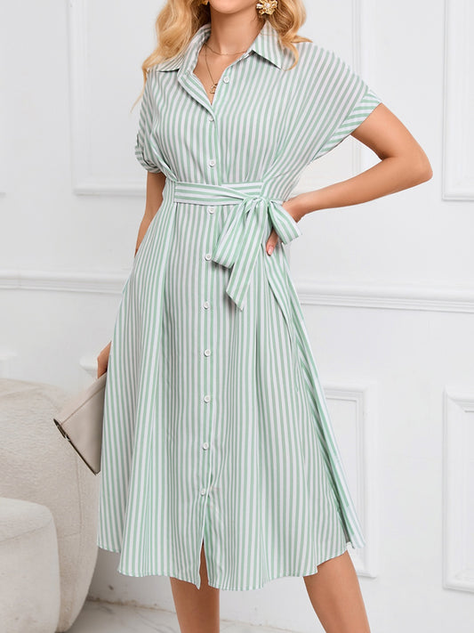 Striped Short Sleeve Tie Waist Midi Dress Trendsi