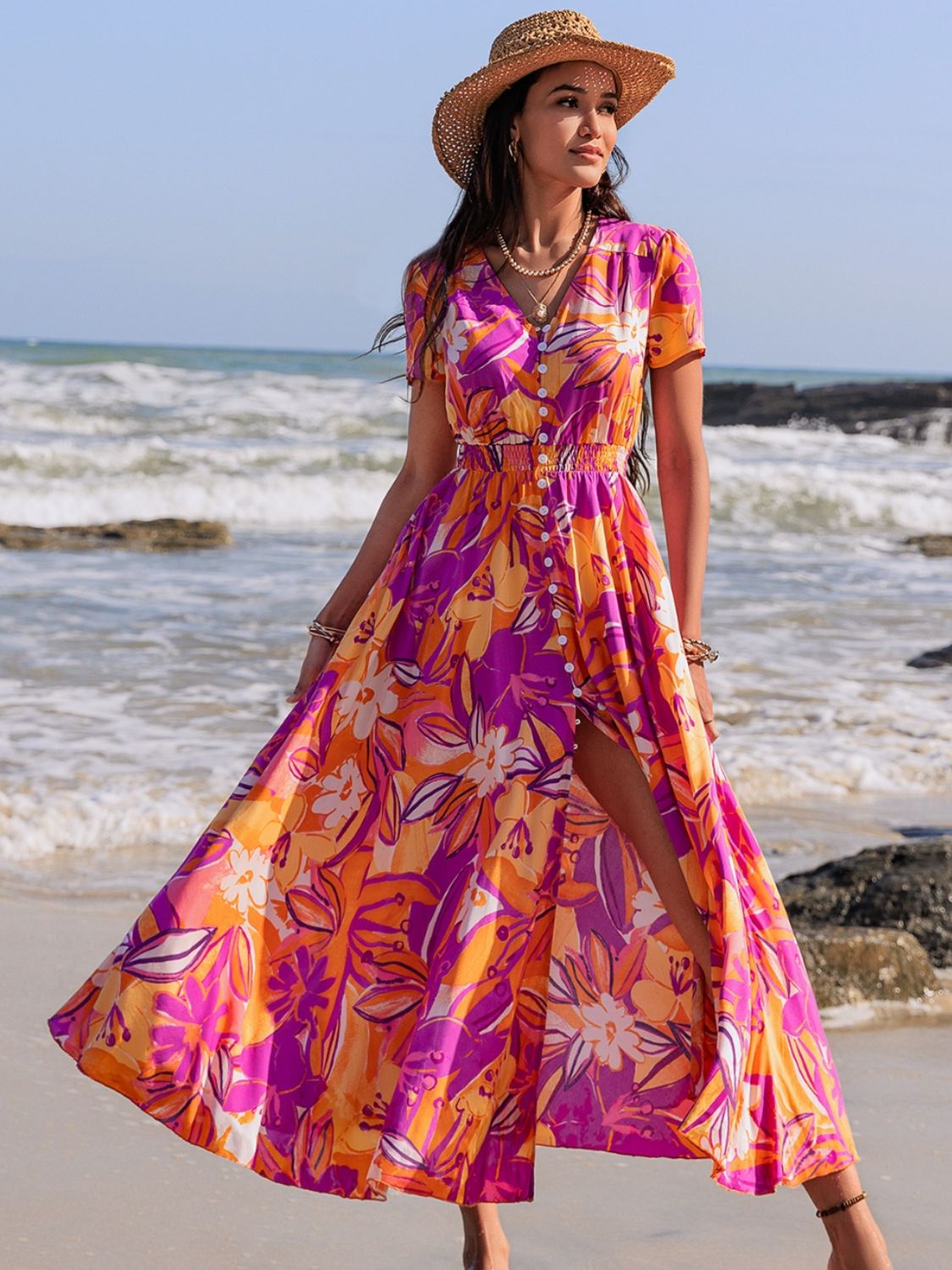 Printed V-Neck Short Sleeve Midi Dress Trendsi