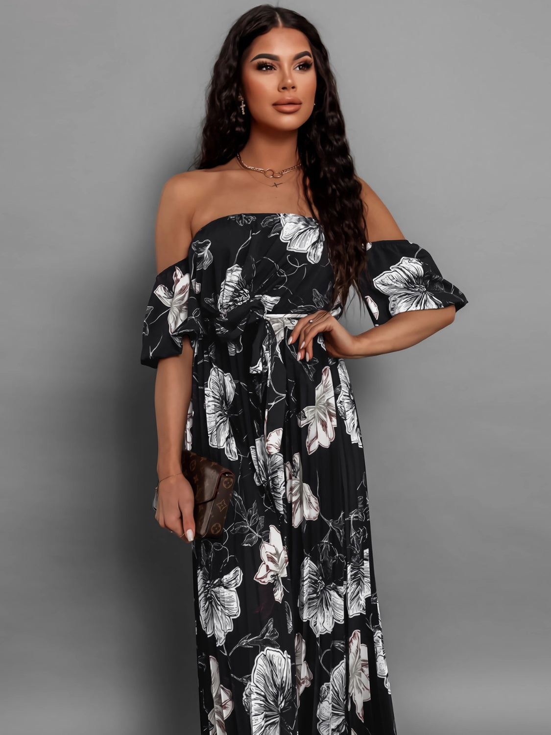 Pleated Floral Off-Shoulder Short Sleeve Midi Dress Trendsi