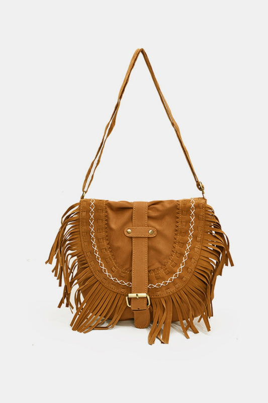 Suede Fringe Wide Strap Shoulder Bag Trendsi