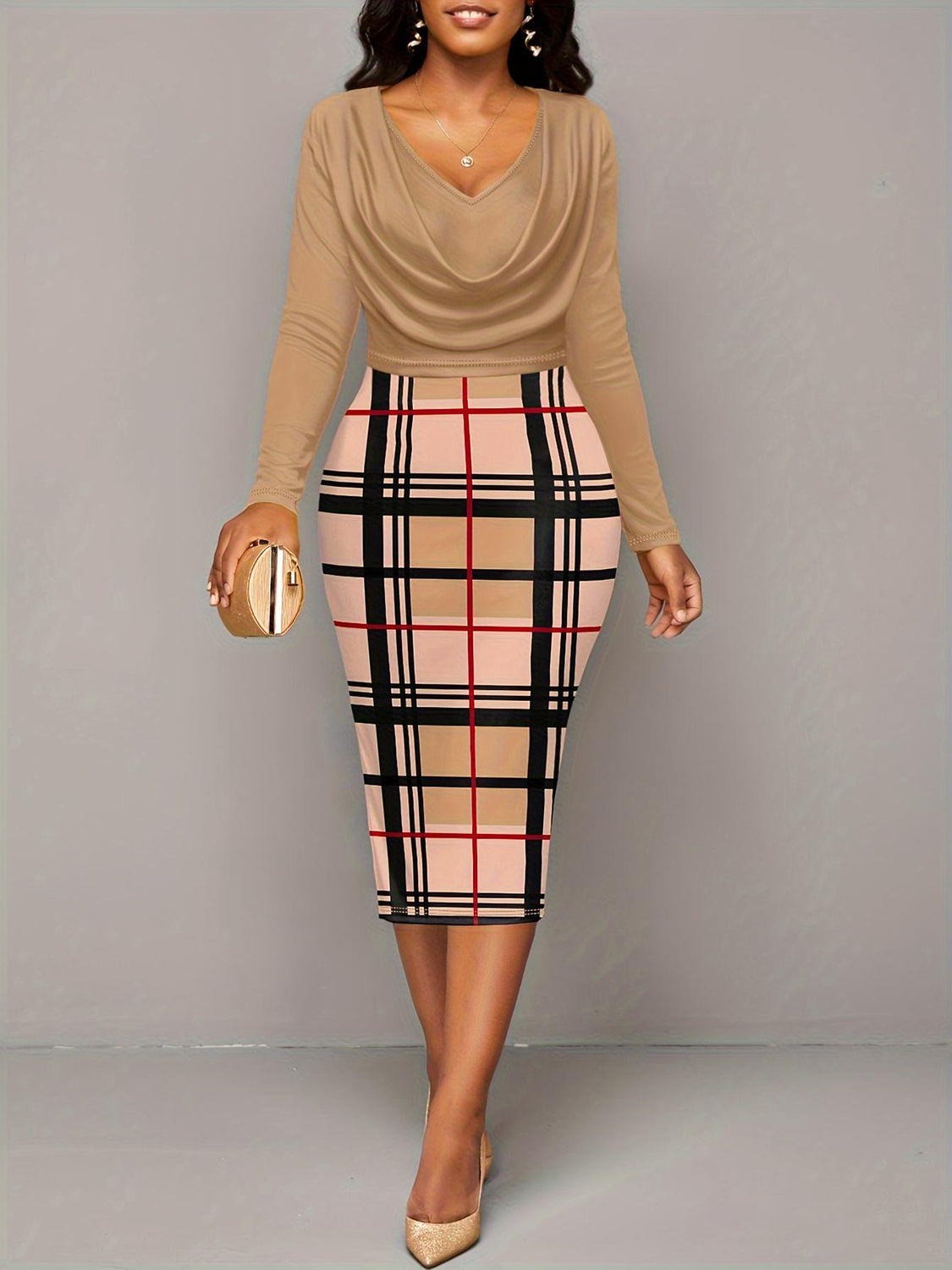 Plus Size Plaid Long Sleeve Mini Dress Trendsi