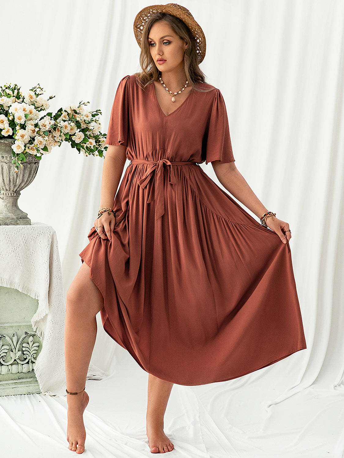 Plus Size V-Neck Flutter Sleeve Midi Dress Trendsi