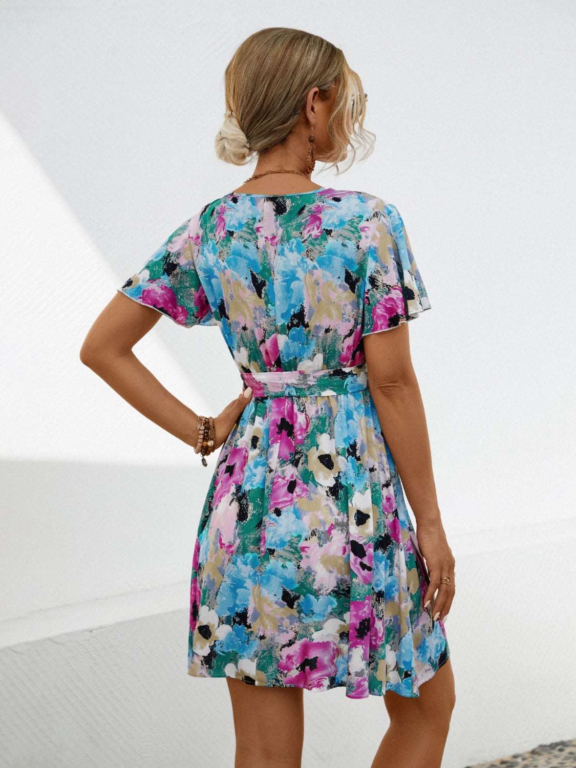 Printed Surplice Tie Waist Mini Dress Trendsi